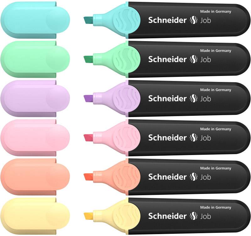 Acht tekstmarkeerstiften in verschillende pasteltinten (groen, turkoois, blauw, paars, roze, oranje, fuchsia, geel) met de opdruk 'Schneider Made in Germany Job'.