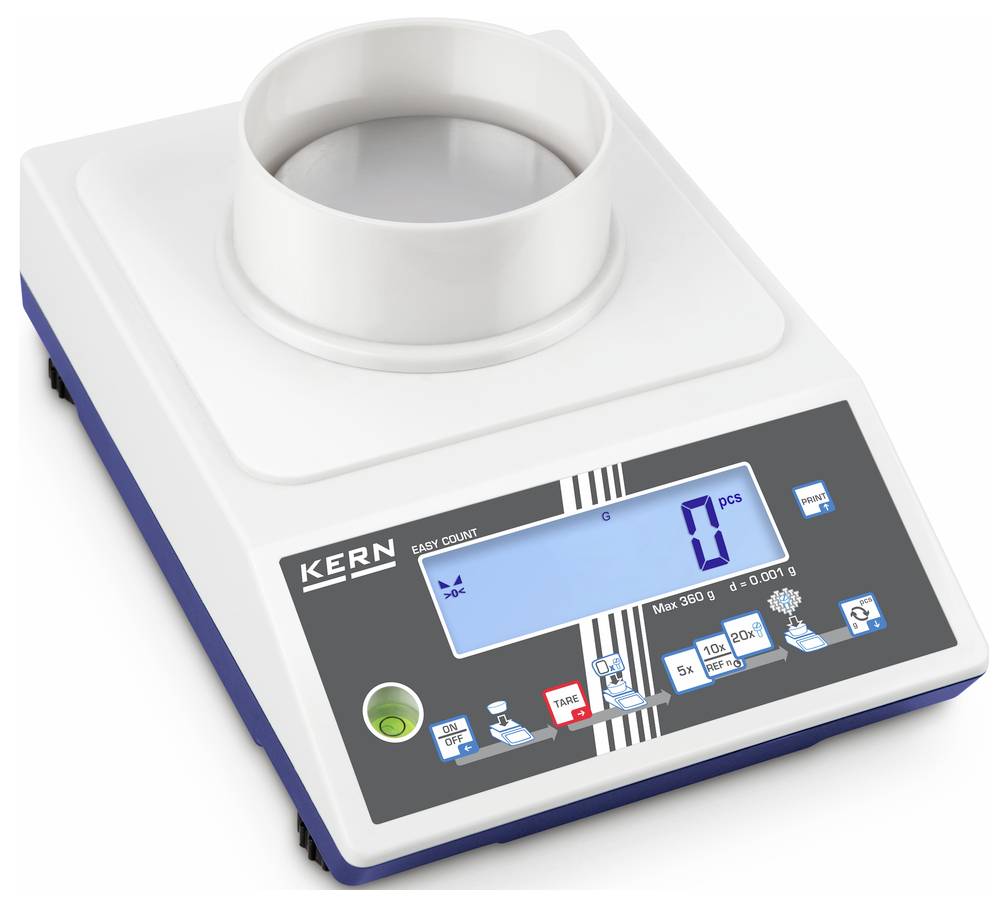 Digitale keukenweegschaal met een rond weegplateau en een blauw display. Display toont nul gewogen eenheden. Merknaam 'KERN' zichtbaar.