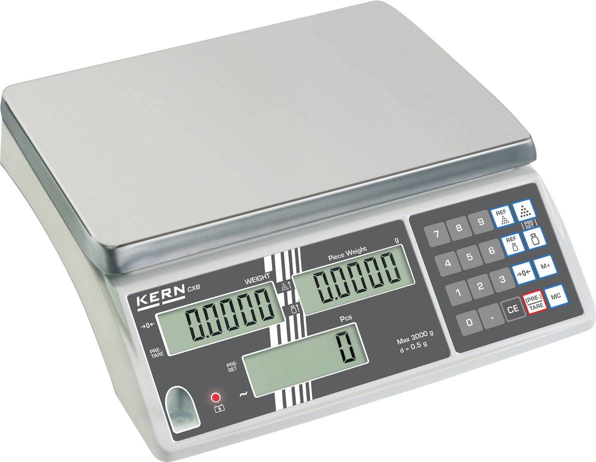 Elektronische weegschaal met digitale weergave toont '00000'. Links het gewicht, rechts de prijs. Toetsenblok naast de invoer.