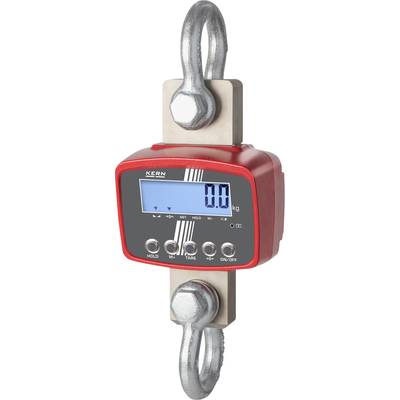 Elektronische hangweegschaal in rood met digitaal display en haak. Display toont '0,0 kg'. Geschikt voor nauwkeurige gewichtsmetingen.
