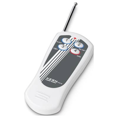 Een witte afstandsbediening met zwarte en witte strepen. Vier genummerde toetsen en een antenne bovenaan. Voorzien van het opschrift 'KERN HFD-A'.