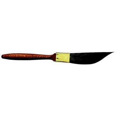 Een platte kwast met een bruine houten steel en gouden metalen bevestiging. De haren zijn zwart en breed, geschikt voor schilderen of bestrijken.