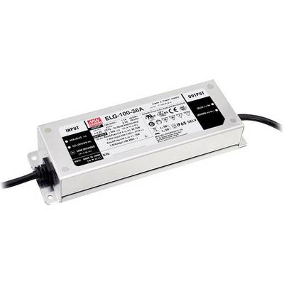 Een langwerpige LED-driver met witte etiketten, talrijke technische specificaties, ingangs- en uitgangskenmerkingen.
