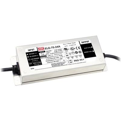Voeding met modelnummer ELG-75-24A. Vermogensgegevens: 75W, 24V, 3,2A. Geschikt voor LED-verlichting. Behuizing zilverkleurig, IP65-gecertificeerd.
