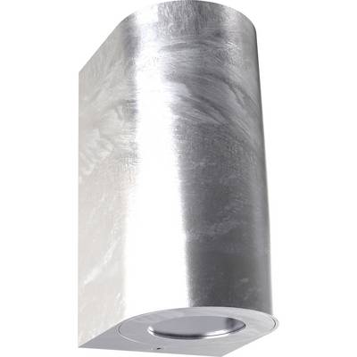 Een moderne plafondlamp van geborsteld metaal, cilindrische vorm, elegante zilveren oppervlakte, met een centraal spotlicht.