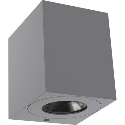 Compacte, donkergrijze, rechthoekige buitenlamp met cilindrische lichtuitgang aan de onderzijde, geschikt voor wandmontage.