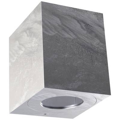 Kubistische buitenwandlamp van aluminium met een grijze afwerking, straalt licht naar beneden. Geschikt voor moderne buitenruimtes.