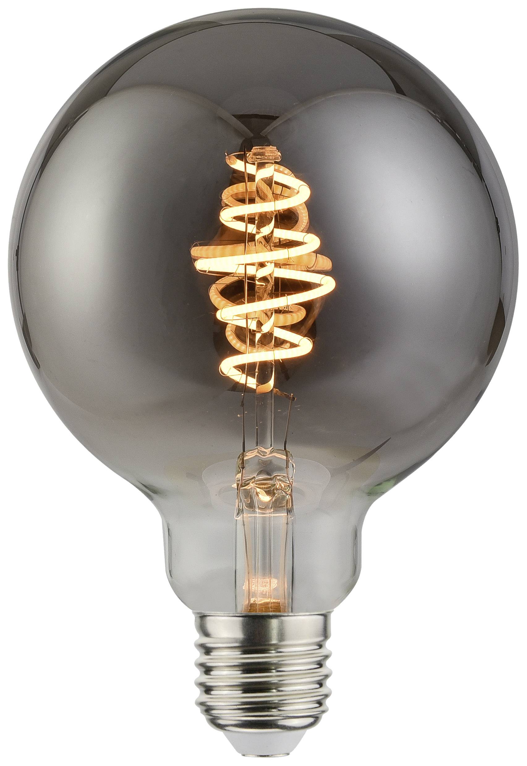 Een gloeilamp met een zichtbare, spiraalvormige gloeidraad die licht uitstraalt. Heldere glazen behuizing en metalen voet.