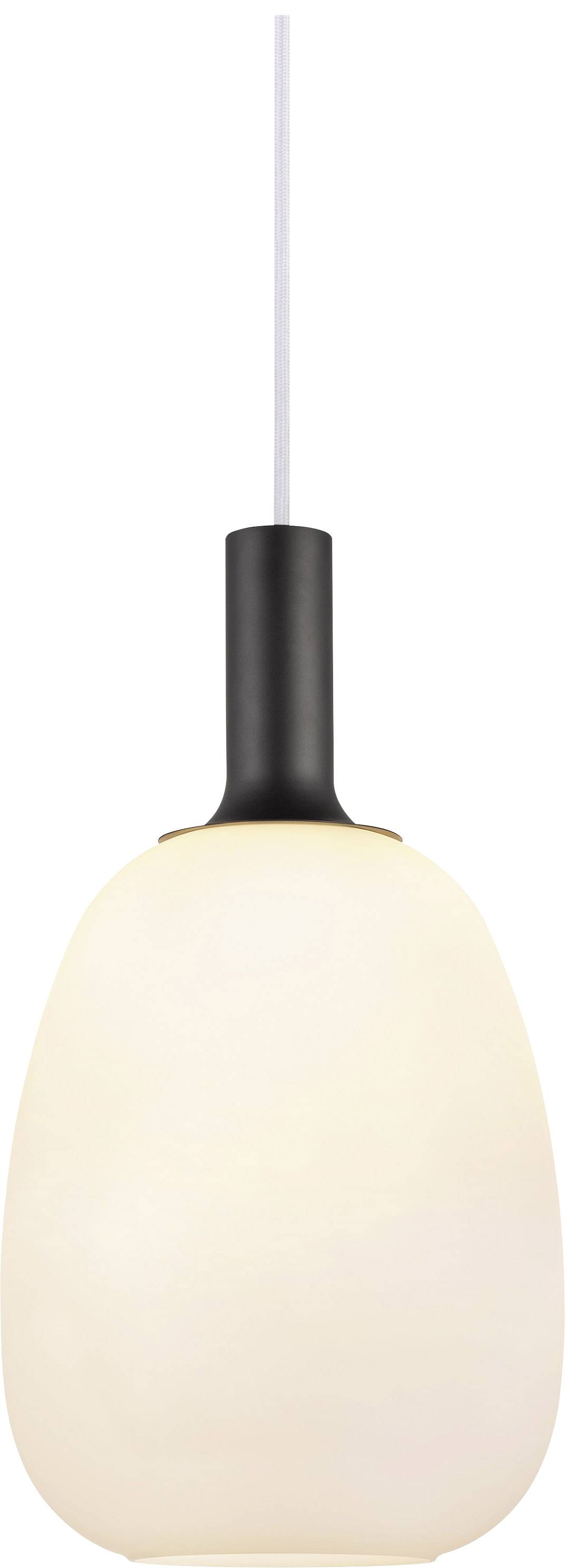 Hanglamp met een witte, ovale lampenkap en zwarte bevestiging, hangend aan het plafond.