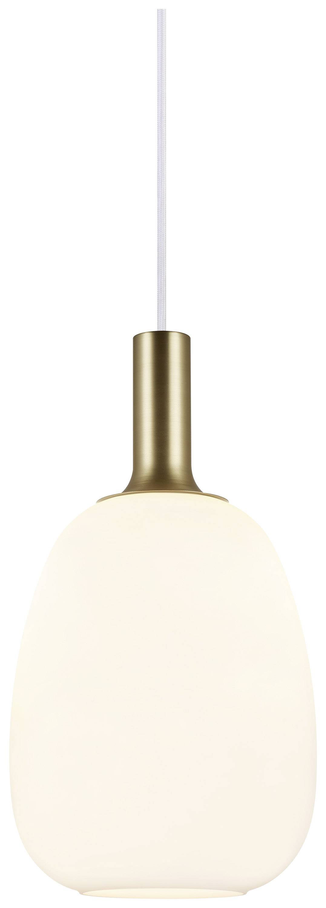 Een moderne hanglamp met een ovale, witte kap en een gouden bevestiging, hangend aan een kabel.