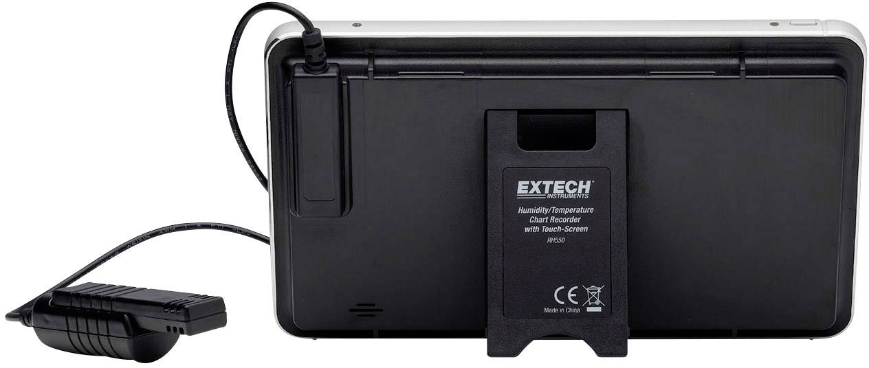 Achteraanzicht van een Extech vocht- en temperatuur-datalogger met verwijderbare sensor. Apparaat toont aansluitingen en labels.