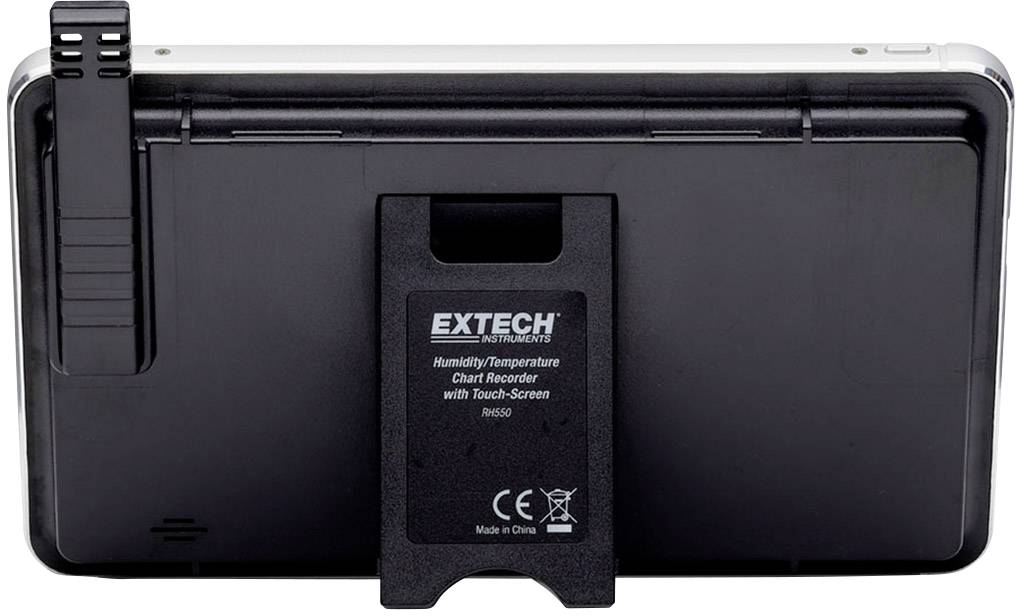 Een zwarte Extech temperatuur- en vochtigheidsdatalogger met touchscreen, achteraanzicht. Standaard uitgeklapt, model RHT20.