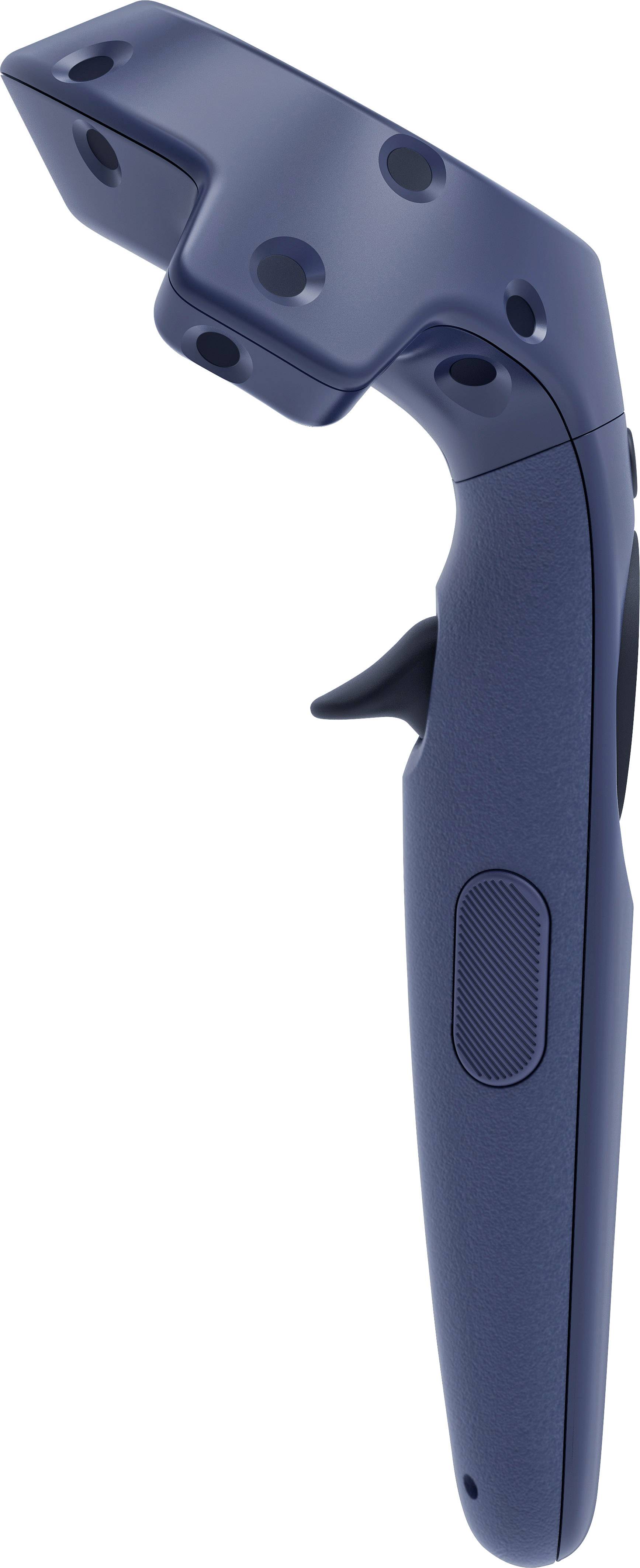 Een blauwe virtual-reality-controller met meerdere knoppen en sensoren.