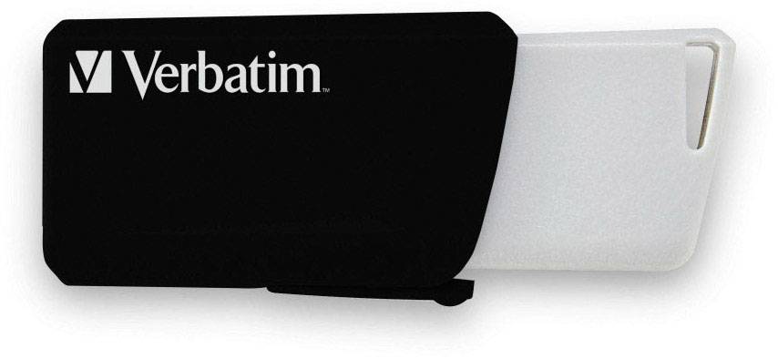 Een zwarte USB-stick van het merk Verbatim met gedeeltelijk wit behuizing, open om de aansluiting te tonen.