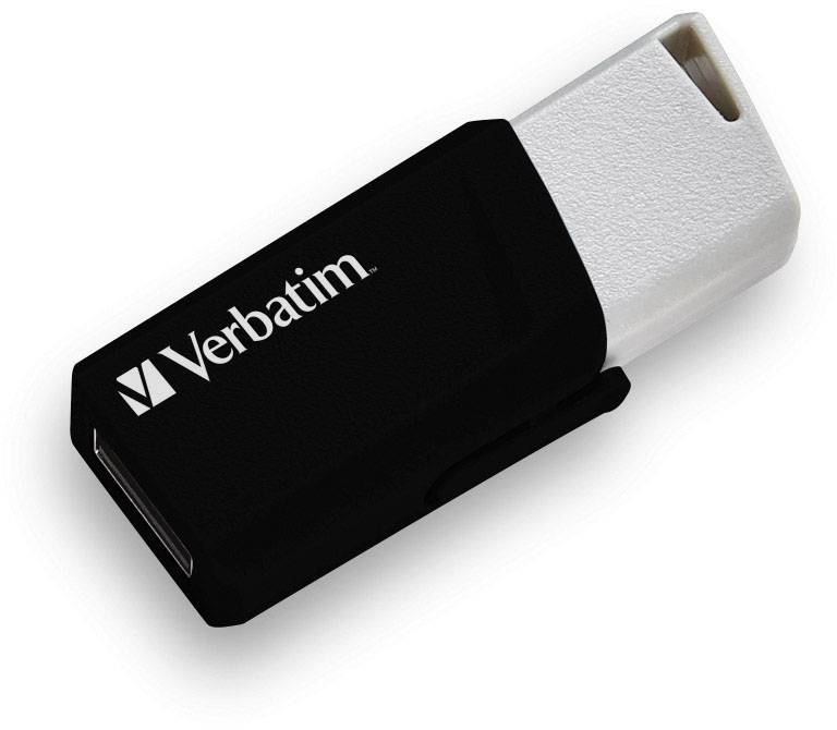Een zwarte USB-stick van het merk Verbatim met een witte aansluiting, geschikt voor het opslaan en overdragen van digitale gegevens.