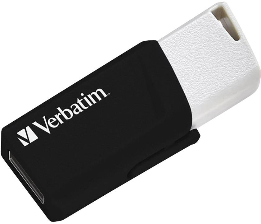 Een zwarte USB-stick van het merk Verbatim met een uittrekbare aansluiting.