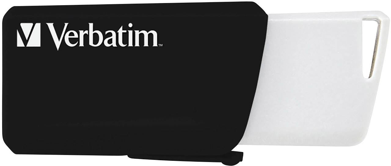 Een zwarte USB-stick van het merk 'Verbatim' met een uitschuifbare witte USB-aansluiting.