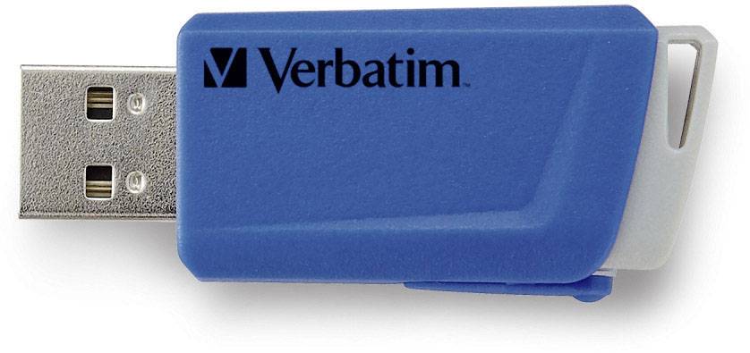 Een blauwe USB-stick van het merk Verbatim met een uitschuifbare beschermkap.