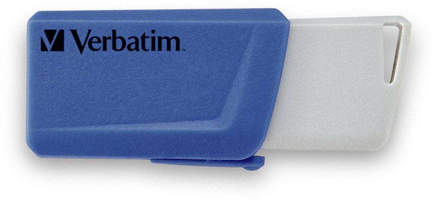 Blauwe USB-stick van Verbatim, gedeeltelijk uitgeschoven.