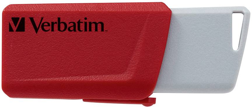 Een rode USB-stick van het merk Verbatim met een grijze schuifmechanisme voor de opslag van digitale gegevens.
