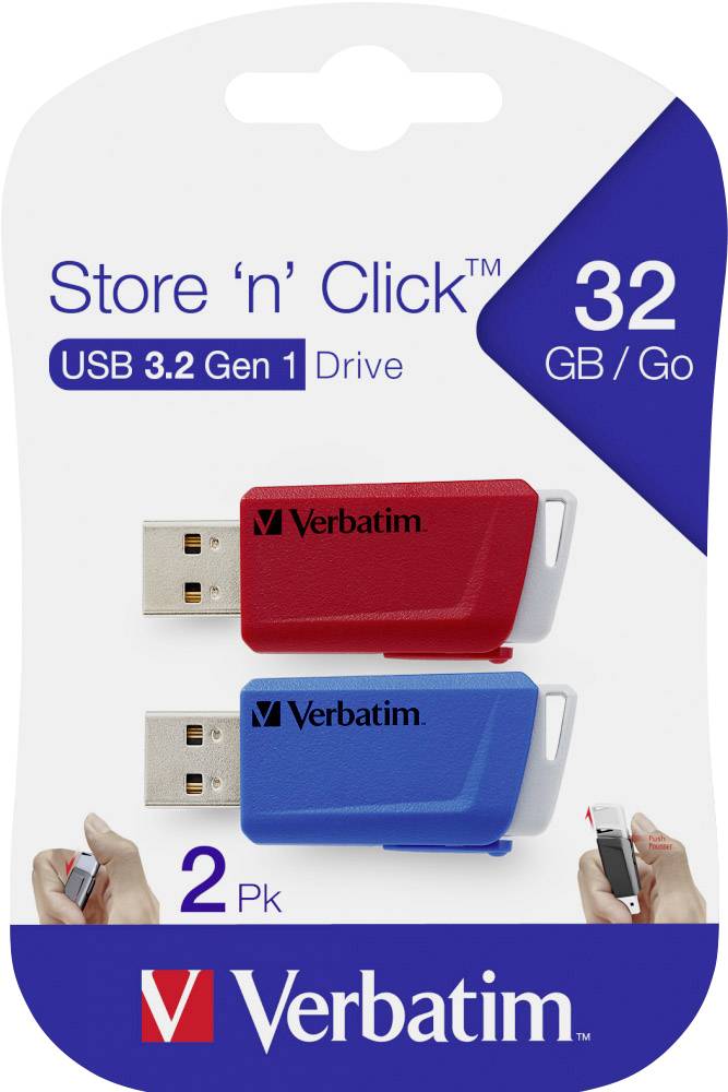 Twee USB-sticks van Verbatim met 32 GB opslagcapaciteit in rood en blauw. 'Store 'n' Click' serie, USB 3.2 Gen 1. Verpakking toont handen die de sticks vasthouden.