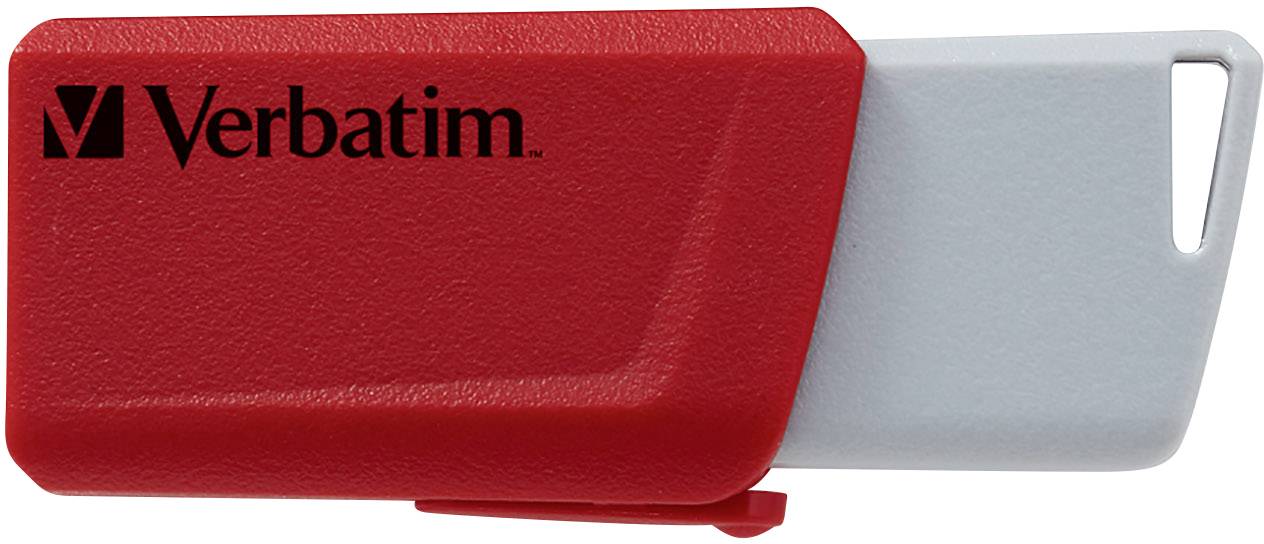 Een rode USB-stick met een grijze aansluiting van Verbatim.