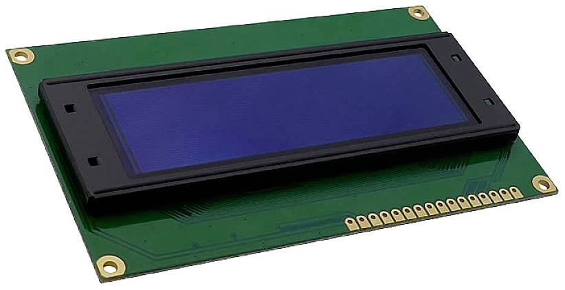 Een LCD-display-module met een blauw scherm op een groene printplaat, voor het weergeven van informatie in elektronische apparaten.