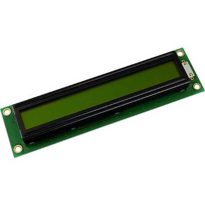 Een rechthoekige groene LCD-display met lange, donkere schermvlakken, gemonteerd op een printplaat.