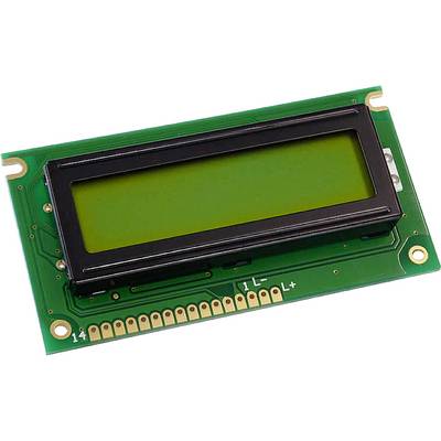 Een LCD-display met een groene achtergrond en zwarte aansluitpennen, typisch gebruikt voor elektronische apparaten.