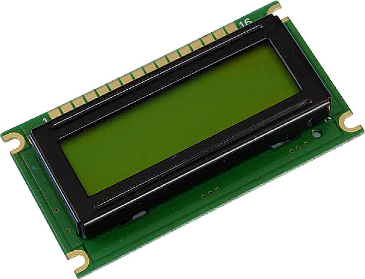 Een groen 16x2 LCD-display met goudkleurige contactstrips, geschikt voor het weergeven van tekst en eenvoudige symbolen.