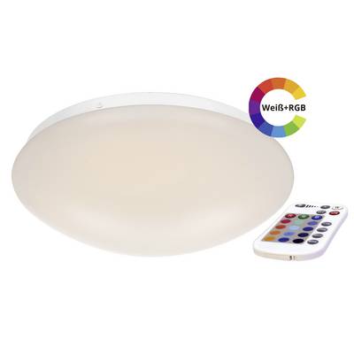 Ronde plafondlamp met afstandsbediening, toont wit en RGB-kleuropties.