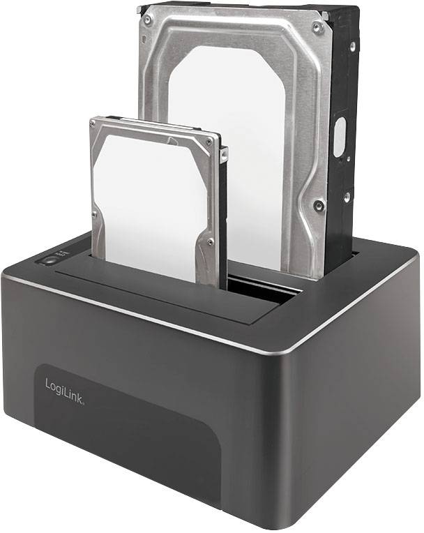 'Externe USB-harddockingstation met twee aangesloten harde schijven, een grotere 3,5-inch en een kleinere 2,5-inch harde schijf.'