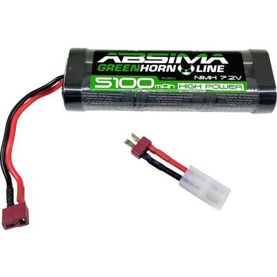 Oplaadbare NiMH-accu met '5100 mAh, 7.2V' opdruk en aangesloten rood en zwart kabel met stekkers.