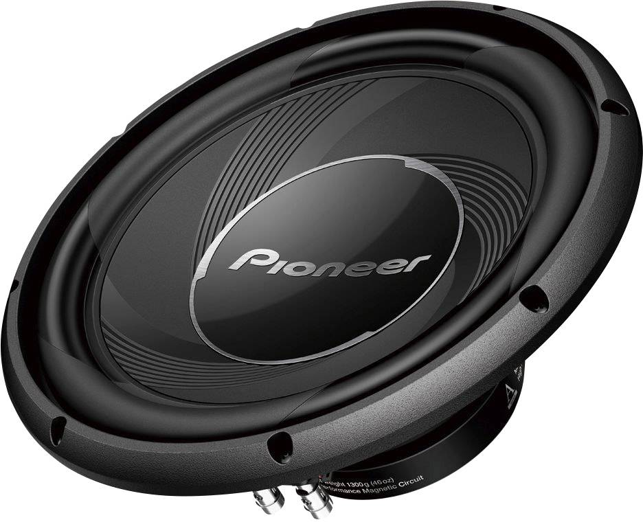 Een zwarte luidspreker met het 'Pioneer'-logo in het midden. Ontwerp met concentrische cirkels op de membraan.