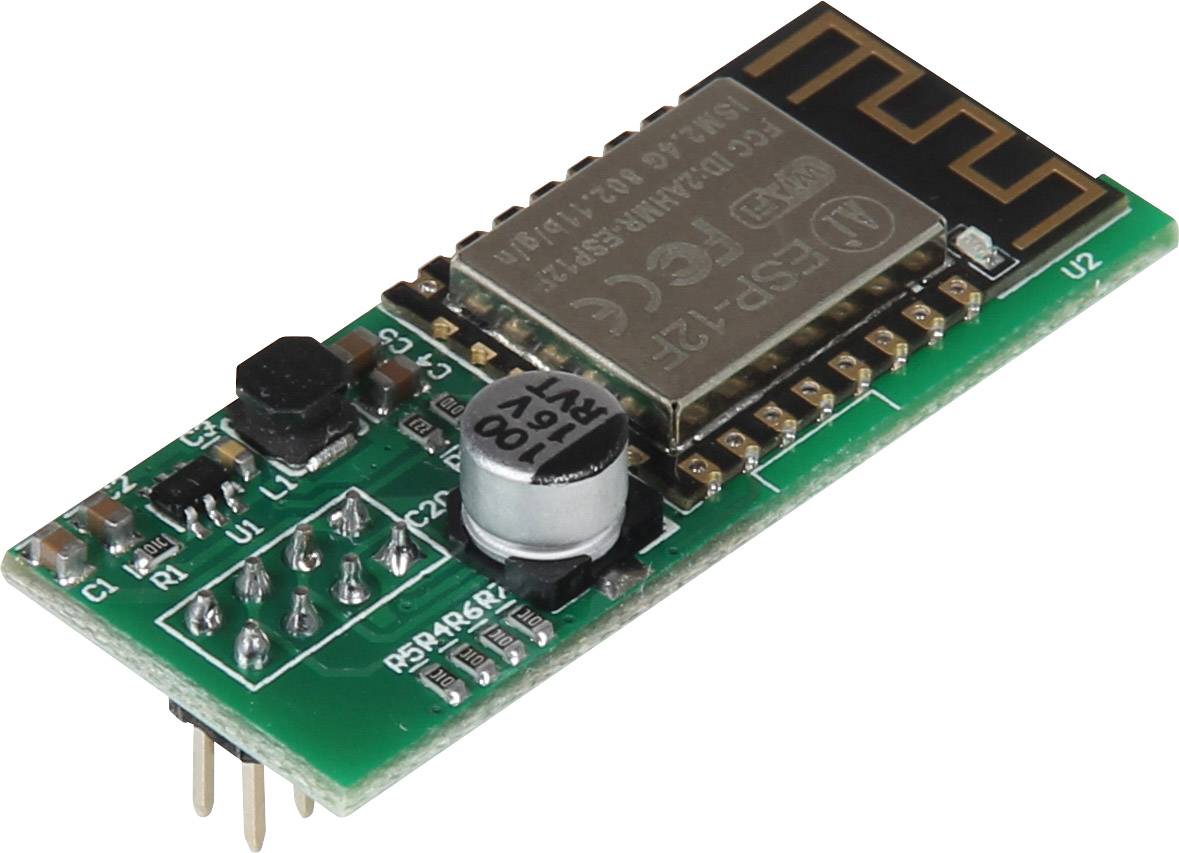 Een ESP-12F WLAN-module op een printplaat met antenne; vaak gebruikt in IoT-projecten voor draadloze communicatie.