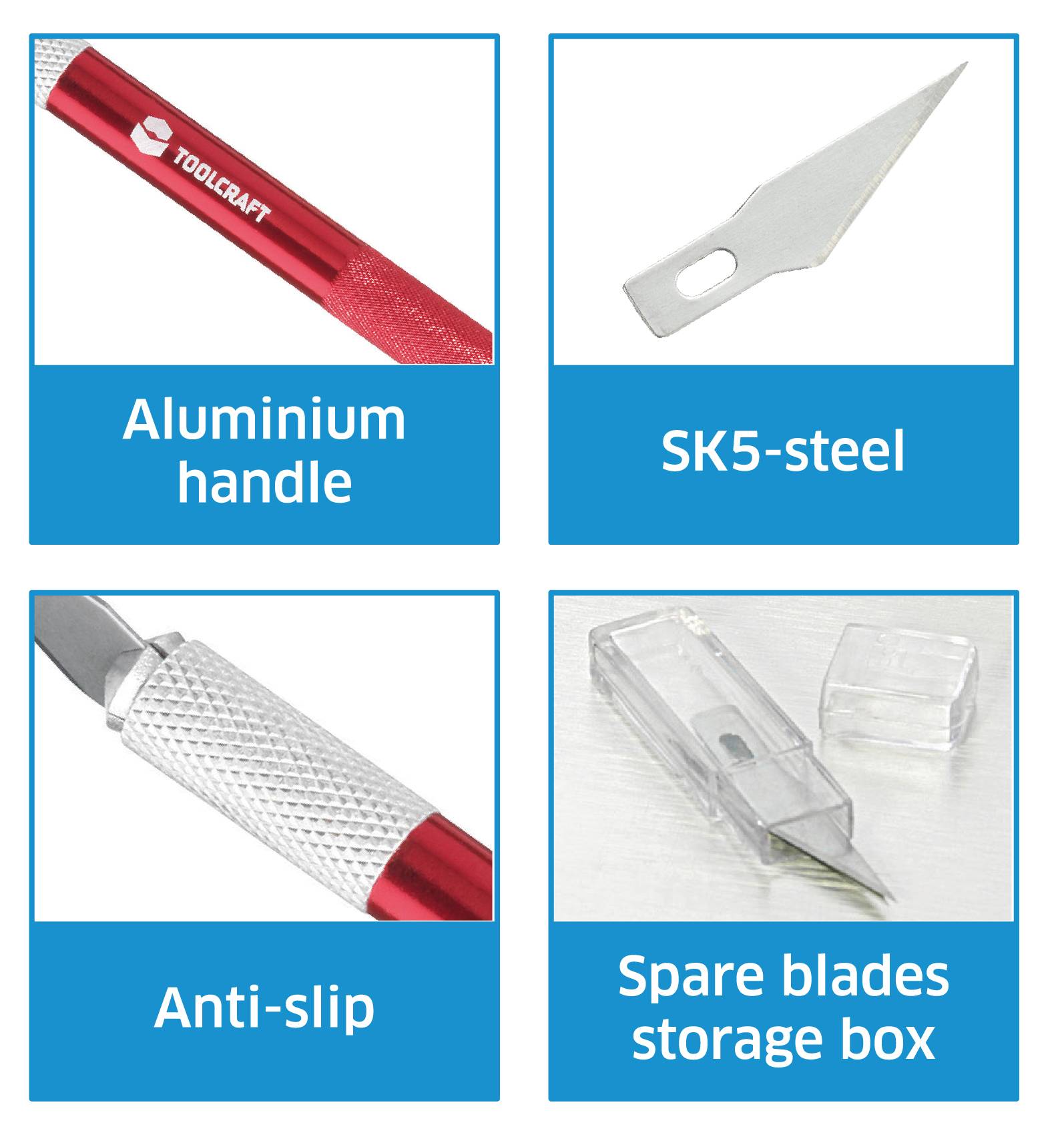 'Aluminium handvat, SK5-staalbladen, slipvast, reservemesjes-opbergdoos.'