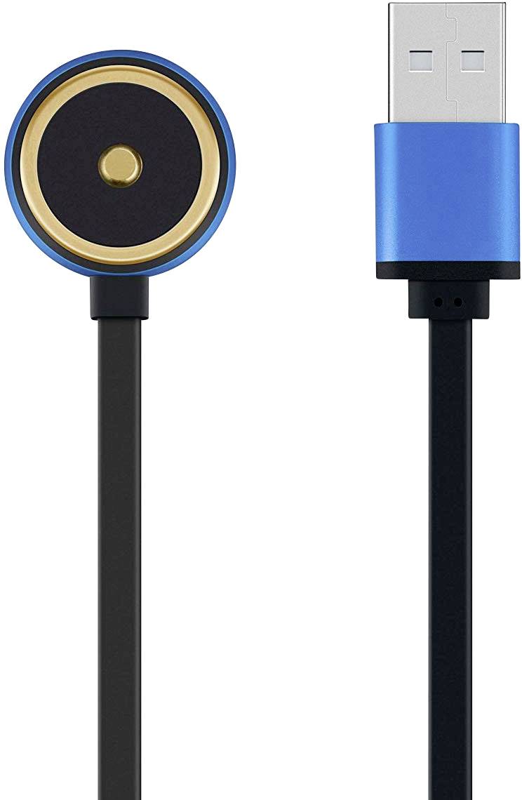 Een oplader met een magnetische aansluiting en een USB-stekker.