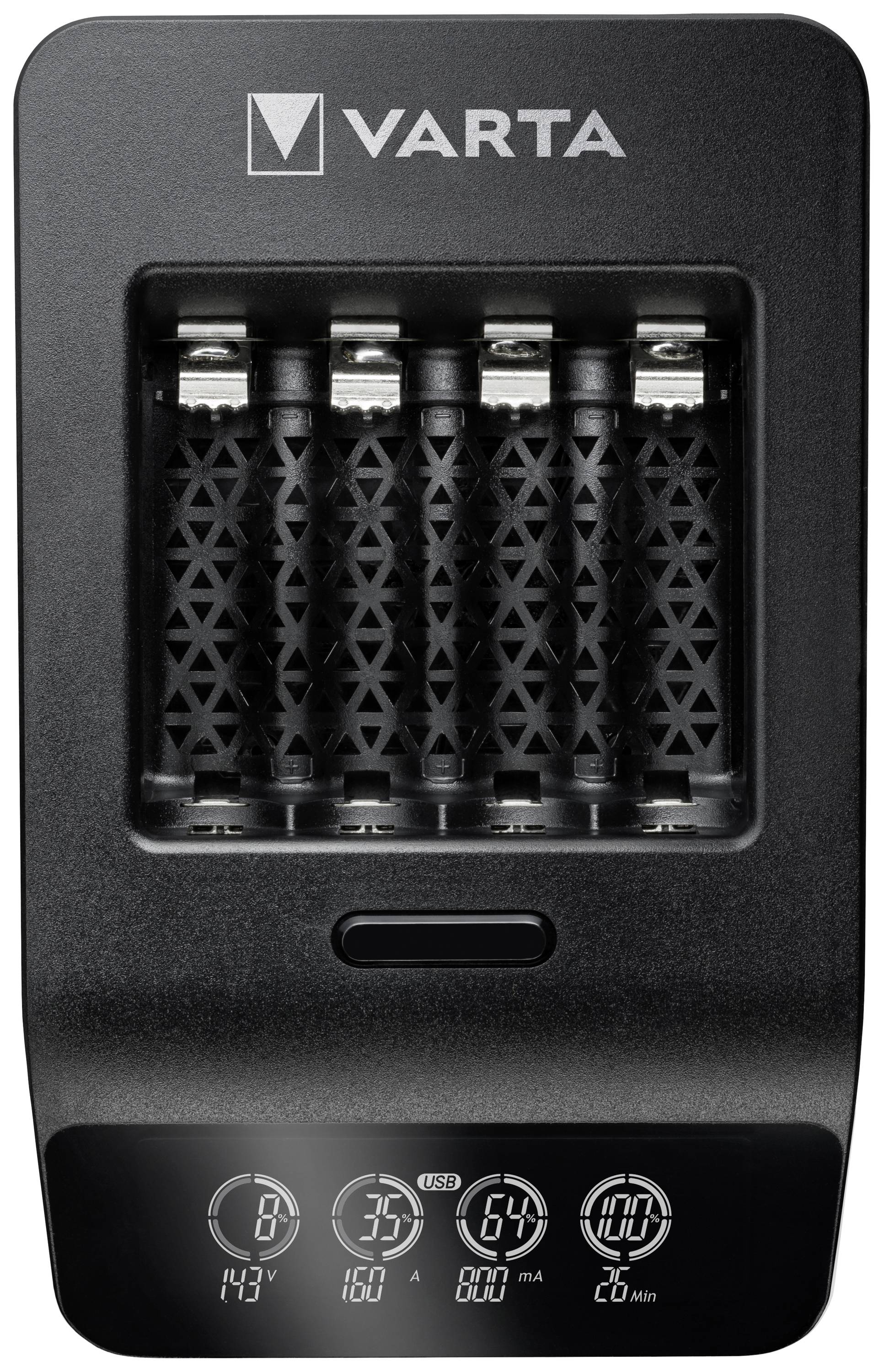 Varta-batterijlader met weergave van vier AA-batterijen en gegevens zoals voltage, stroom, capaciteit en laadtijd op het scherm.