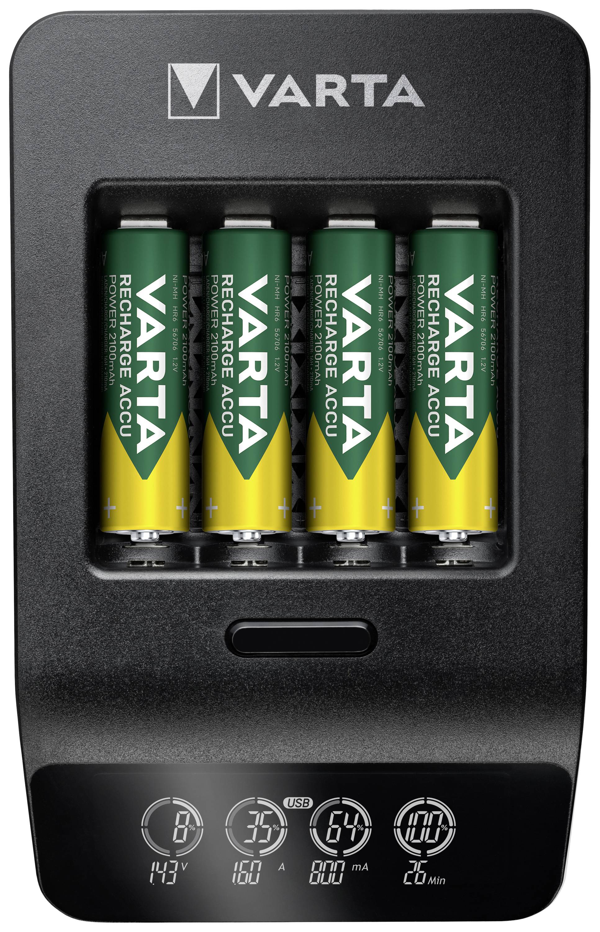 Oplader met vier geplaatste oplaadbare VARTA-batterijen; toont laadstatus en resterende tijd op een digitaal display.