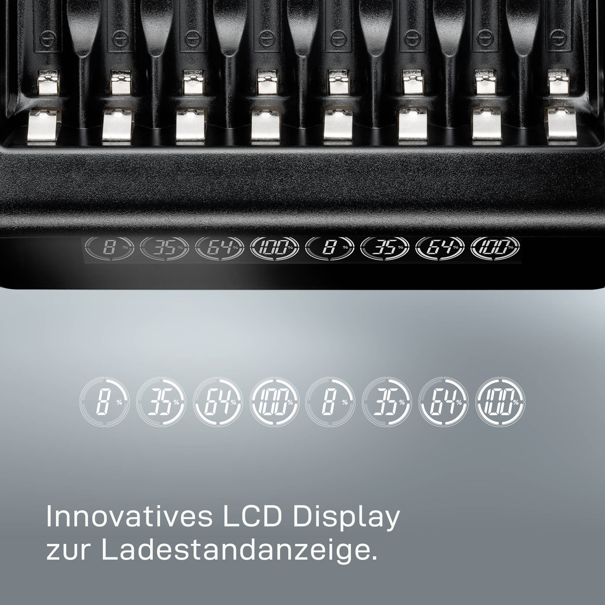 Innovatieve oplader met LCD-display toont laadstatus in procenten. Geschikt voor het gelijktijdig opladen van meerdere batterijen.