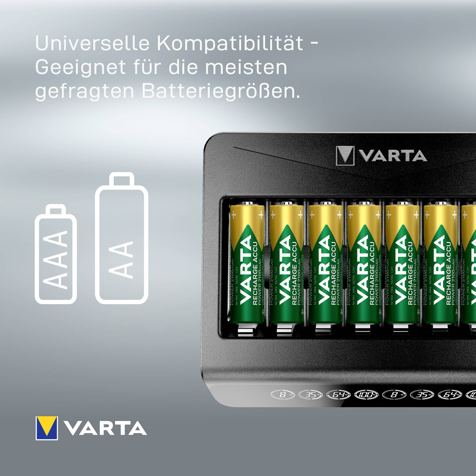 'VARTA-batterijen in een oplader. Tekst: Universele compatibiliteit - de meest gevraagde batterijformaten.'