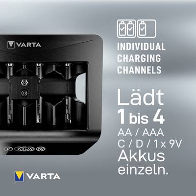 'VARTA Acculader' met vier afzonderlijke laadsleuven. Geschikt voor het laden van 1 tot 4 AA/AAA of 1x 9V batterijen. Logo linksboven, beperkingen rechts.