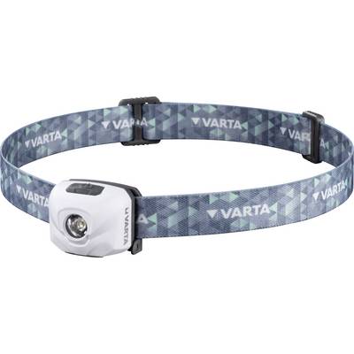 'Varta'-hoofdlamp met wit LED-licht en een gestreept, blauw-groen elastisch bandje voor handvrij werken in het donker.