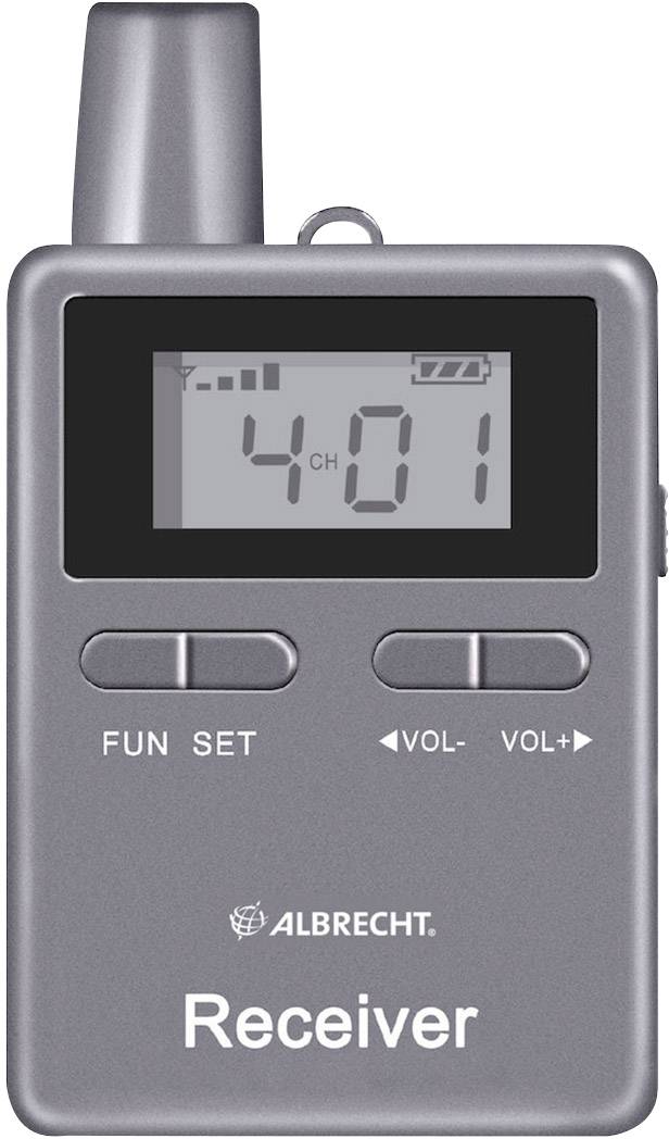 Een grijze ontvanger met display toont '4CH 01'. Daaronder bevinden zich toetsen voor 'FUN', 'SET', 'VOL-' en 'VOL+'. Logo 'ALBRECHT' onderaan.
