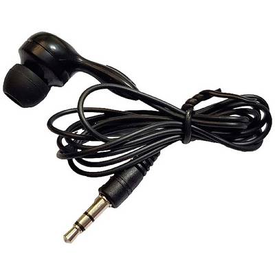 Zwarte in-ear-koptelefoon met kabel en 3,5 mm jackplug, opgerold voor eenvoudige opberging.
