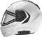 Witte motorhelm met vizier, zijaanzicht. Geïntegreerd communicatiesysteem aan de linkerkant zichtbaar.