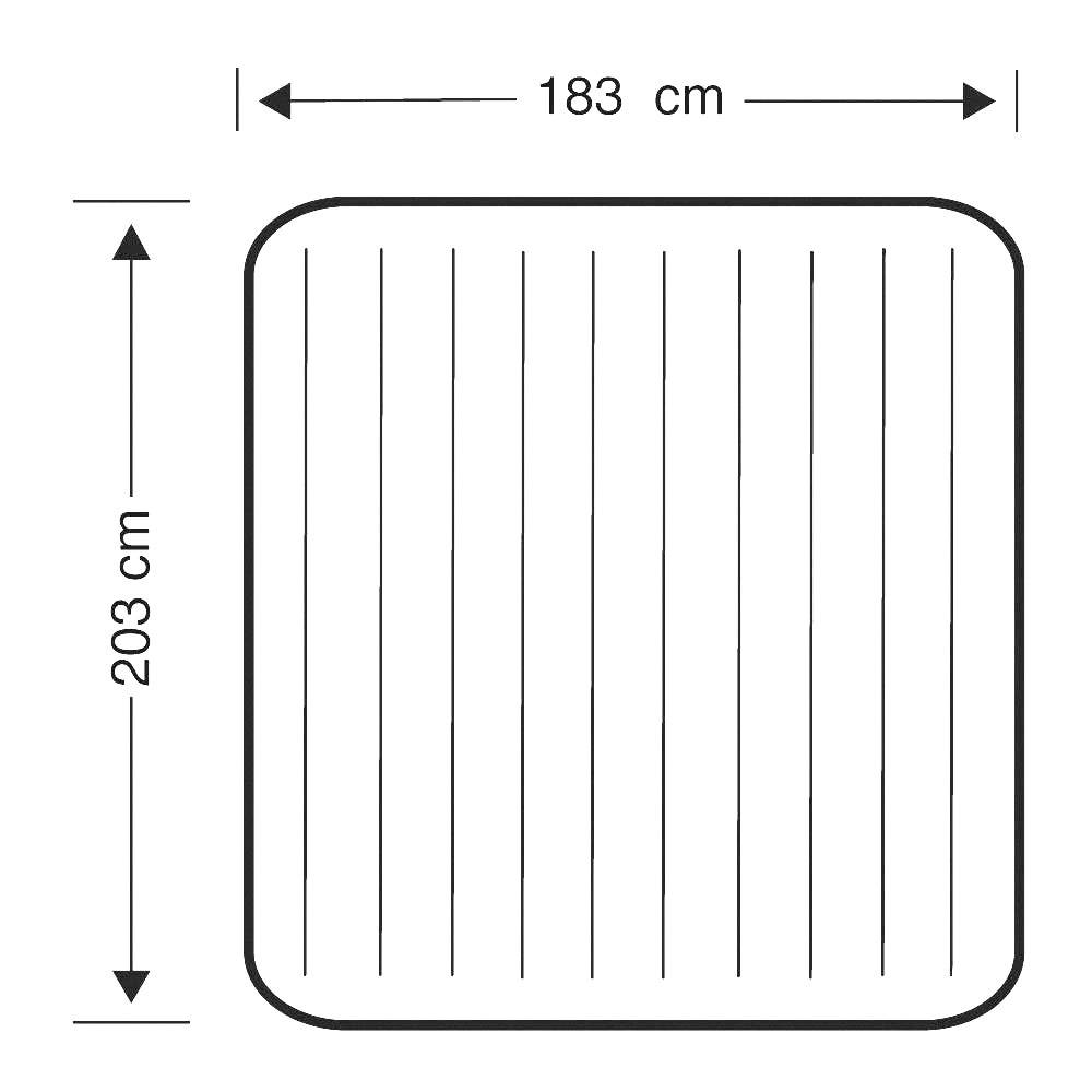 Vierkante matras met afmetingen van 183 cm breed en 203 cm lang, weergegeven met verticale lijnen.