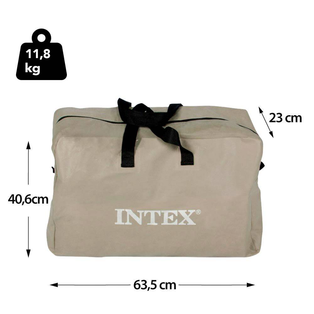 Draagtas van INTEX, 63,5 cm lang, 40,6 cm hoog, 23 cm diep, gewicht 11,8 kg.