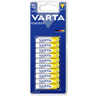 Een verpakking van 30 AAA-batterijen van het merk Varta, met blauwe en witte verpakkingsontwerpen en de vermelding 'Made in Germany'.