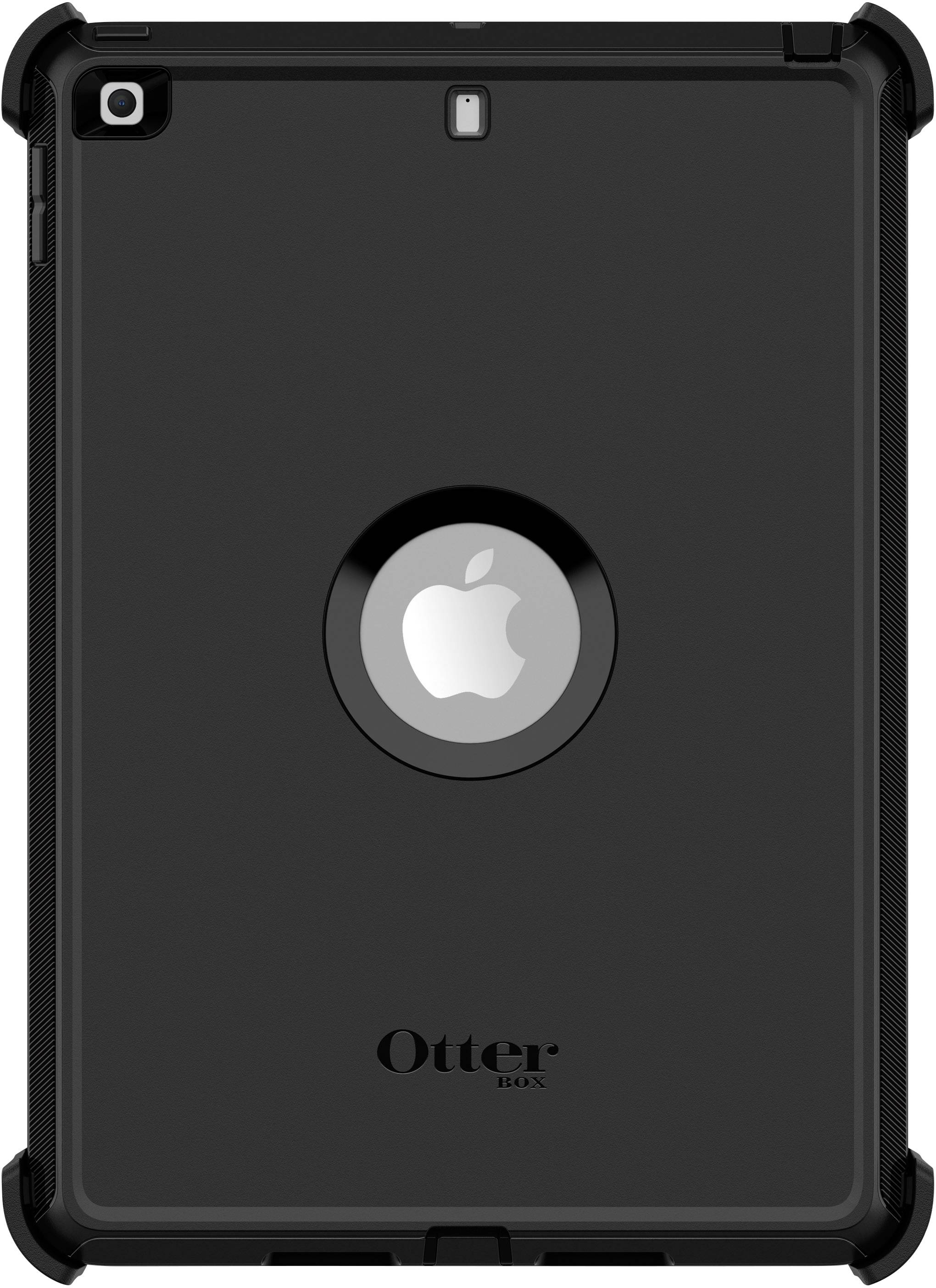 Een zwarte tablet met een robuuste behuizing, waarop het Apple-logo in het midden staat en de merknaam 'OtterBox' onderaan.